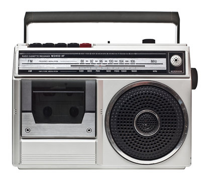 80s portable radio on white background. obsolete technology concept.