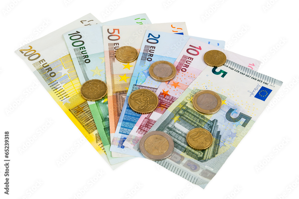 Wall mural set of euro banknotes and coins