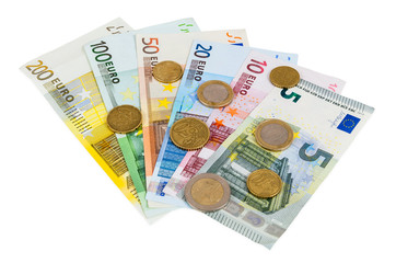 Set of euro banknotes and coins