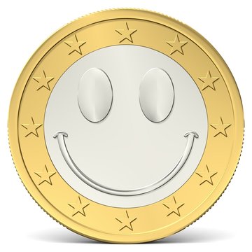 Ein Euro M&uuml;nze mit fr&ouml;hlichem Smiley