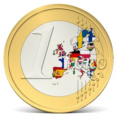 Ein Euro Münze mit buntem Europa mit Flaggen