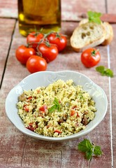 Fresh tabouleh, tabbouleh with couscous, vegetables