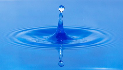 a drop of water falling in blue water