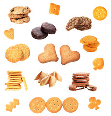 Collage of tasty cookies isolated on white