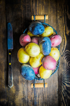 Red,blue and yellow potatoes on wooden background