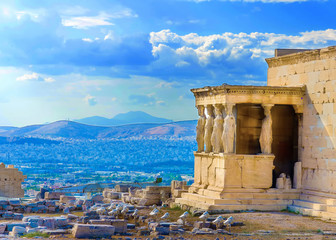 Erechtheion temple in Acropolis rock in Athens Greece