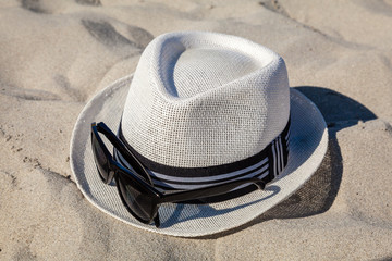 White Straw Fedora with Sunglasses on Beach