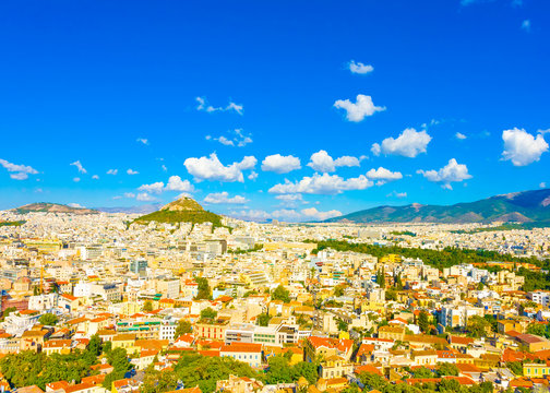 Aerial view of Athens town with lecabetus hill in Greece