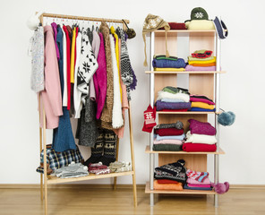 Wardrobe with winter clothes arranged on hangers and a shelf.