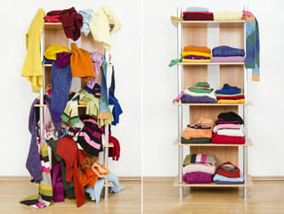 Before untidy after tidy wardrobe with winter clothes on a shelf - 65257349