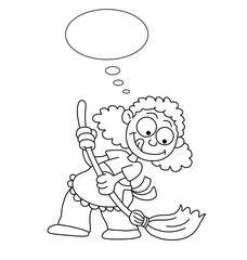 Monochrome outline cartoon housewife cleaning