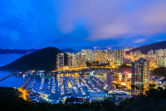 Typhoon shelter in Hong Kong during sunset