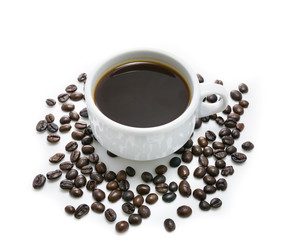 hot coffee in the white cup and coffee bean on white background