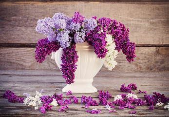 Still life with a blooming branch of lilac
