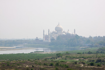 Fototapeta na wymiar Taj Mahal downriver on the banks of the Yamuna