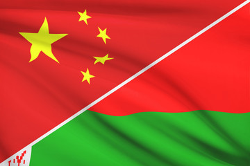 Series of ruffled flags. China and Republic of Belarus.