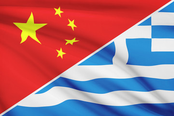 Series of ruffled flags. China and Hellenic Republic (Greece).