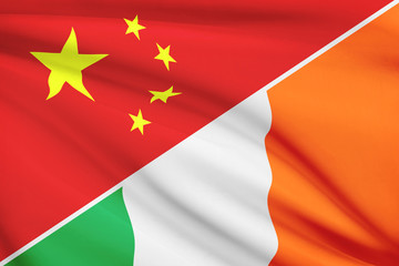 Series of ruffled flags. China and Ireland.