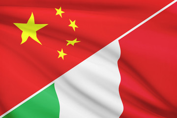 Series of ruffled flags. China and Italian Republic.