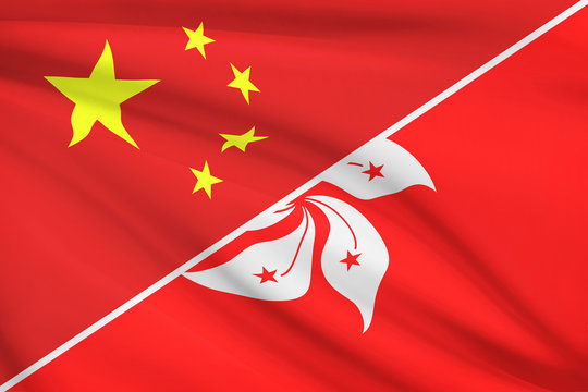 Series of ruffled flags. China and Hong Kong SAR of China.