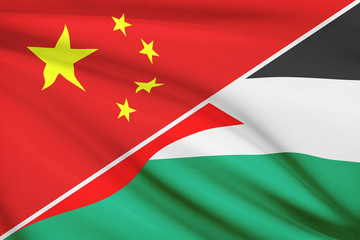 Series of ruffled flags. China and State of Palestine.