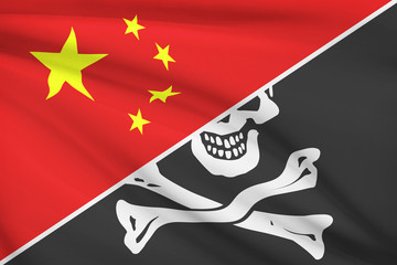 Series of ruffled flags. China and Jolly Roger pirate flag.