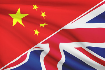 Series of ruffled flags. China and Great Britain (UK)