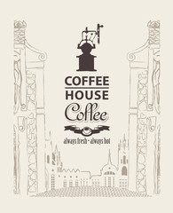 Cover menu for coffee house with a picture of the old town