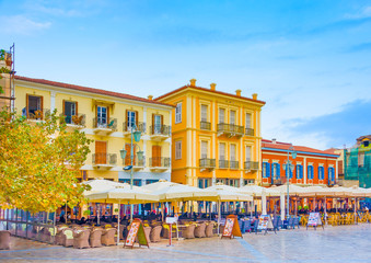 Historic buildings around the main square of Nafplio in Greece - 65274954