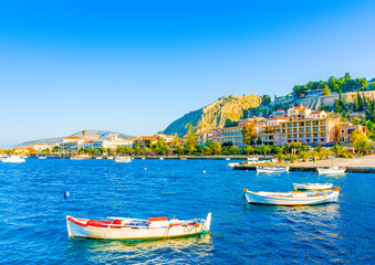 Fototapeta na wymiar The port of Nafplio town in Greece with fishing boats