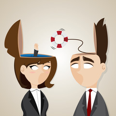 cartoon businessman and businesswoman with buoy helping