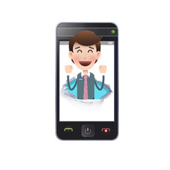 Businessman with realistic phone over white background