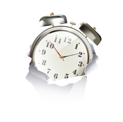 Clock inside hole paper over white background