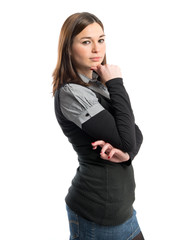 Obraz premium Young girl thinking over isolated white background