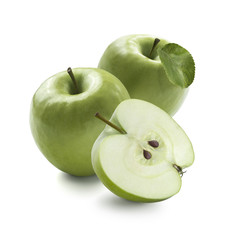 Two green apples and half isolated on white background
