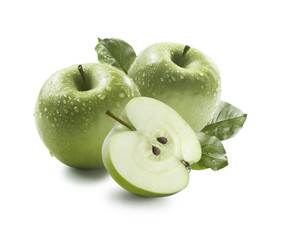 Two green apples and half in water drops isolated on white backg