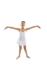 young cute little girl ballet dancer dancing on white tutu
