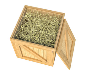 Wooden box isolated with hay on white background © gearstd