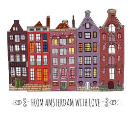 Cute cartoon hand drawn vector old european houses in amsterdam