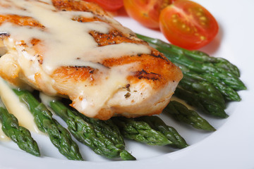 grilled meat with sauce and asparagus closeup