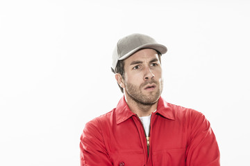 closeup portrait of a man with expressive face in workwear