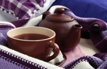 Cup and teapot with scarf close up