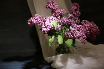 Beautiful lilac flowers in vase, on color wooden background