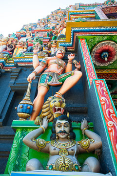 Facade of a Hindu temple in Sri Lanka with sculptures of deities