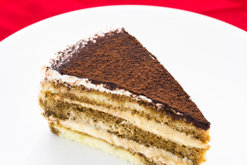 delicious slice of cake on white plate