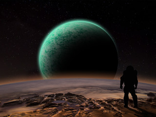 An astronaut watches an alien planet rise over a rocky moon