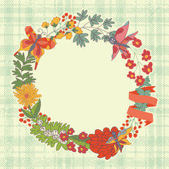 Stylish Vintage floral frame with butterflies.Tartan background