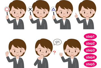 スーツ姿の若い女性（説明、質問、手順）