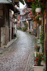 Fototapeta na wymiar Street with half-timbered medieval houses in Eguisheim, Alsace