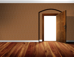 Open door with barrel vault; wallpaper, moldings, wooden floor
